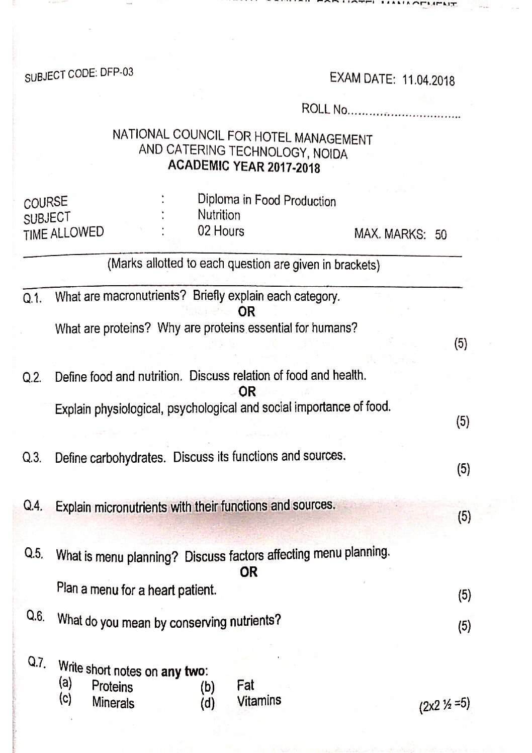 IHM DIPLOMA FOOD PRODUCTION ALL SUBJECTS QUESTION PAPERS IHM Notes