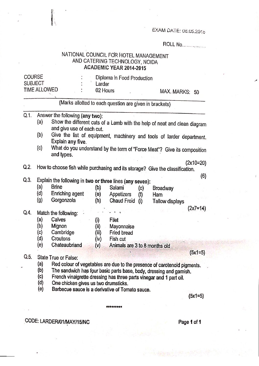 IHM DIPLOMA FOOD PRODUCTION ALL SUBJECTS QUESTION PAPERS IHM Notes